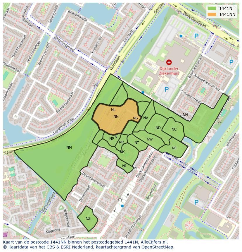 Afbeelding van het postcodegebied 1441 NN op de kaart.