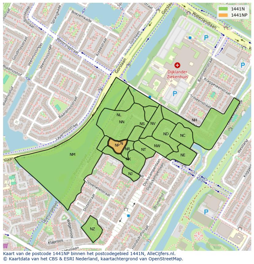 Afbeelding van het postcodegebied 1441 NP op de kaart.