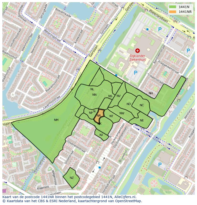 Afbeelding van het postcodegebied 1441 NR op de kaart.