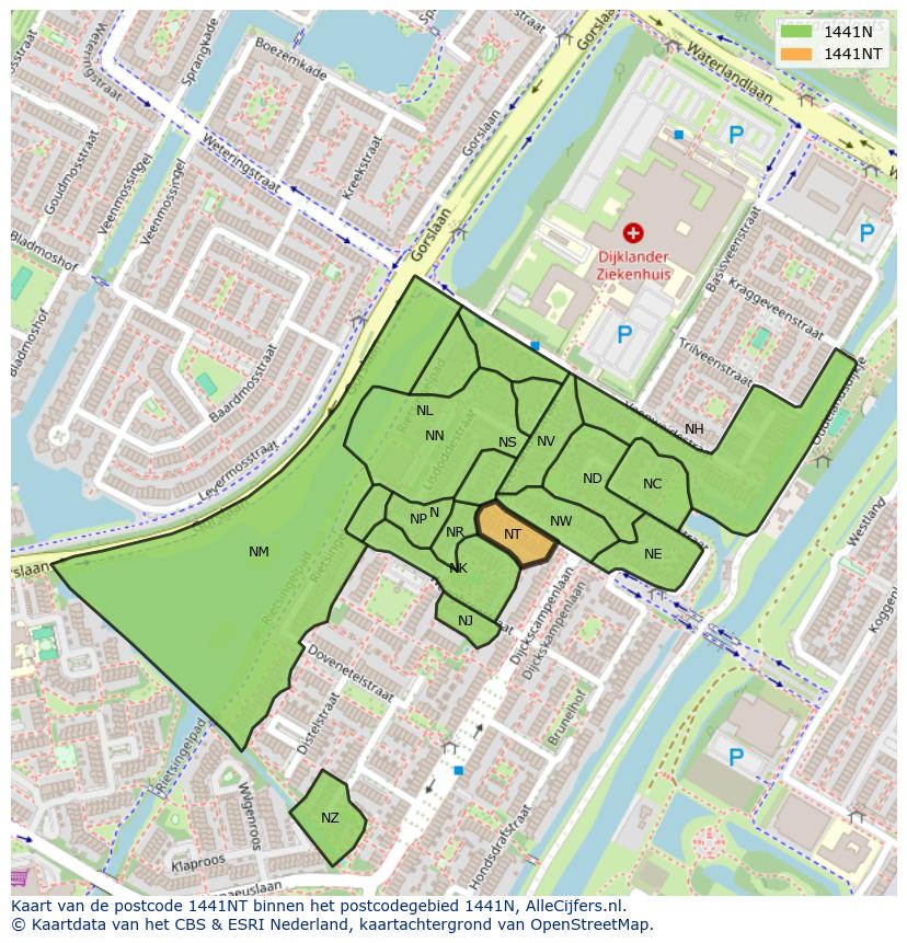 Afbeelding van het postcodegebied 1441 NT op de kaart.
