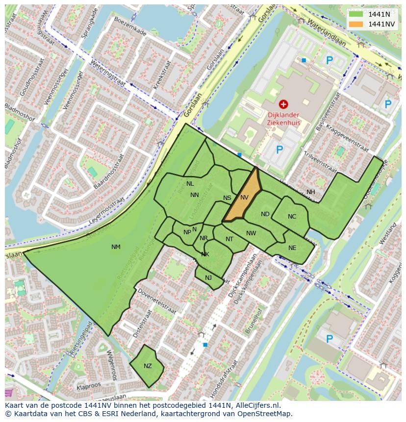 Afbeelding van het postcodegebied 1441 NV op de kaart.