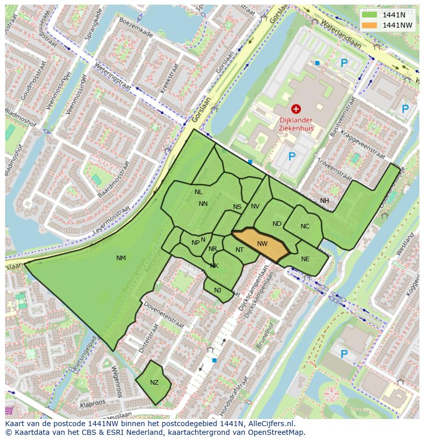 Afbeelding van het postcodegebied 1441 NW op de kaart.