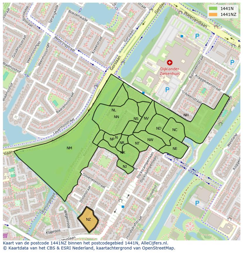 Afbeelding van het postcodegebied 1441 NZ op de kaart.