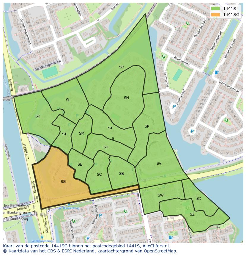 Afbeelding van het postcodegebied 1441 SG op de kaart.