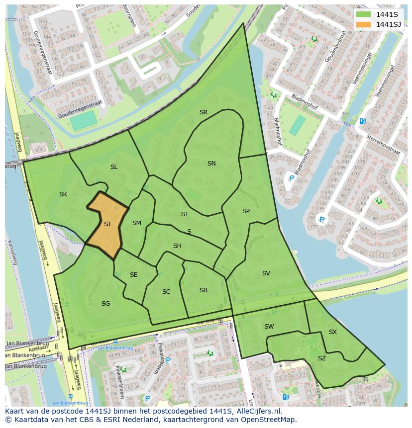 Afbeelding van het postcodegebied 1441 SJ op de kaart.