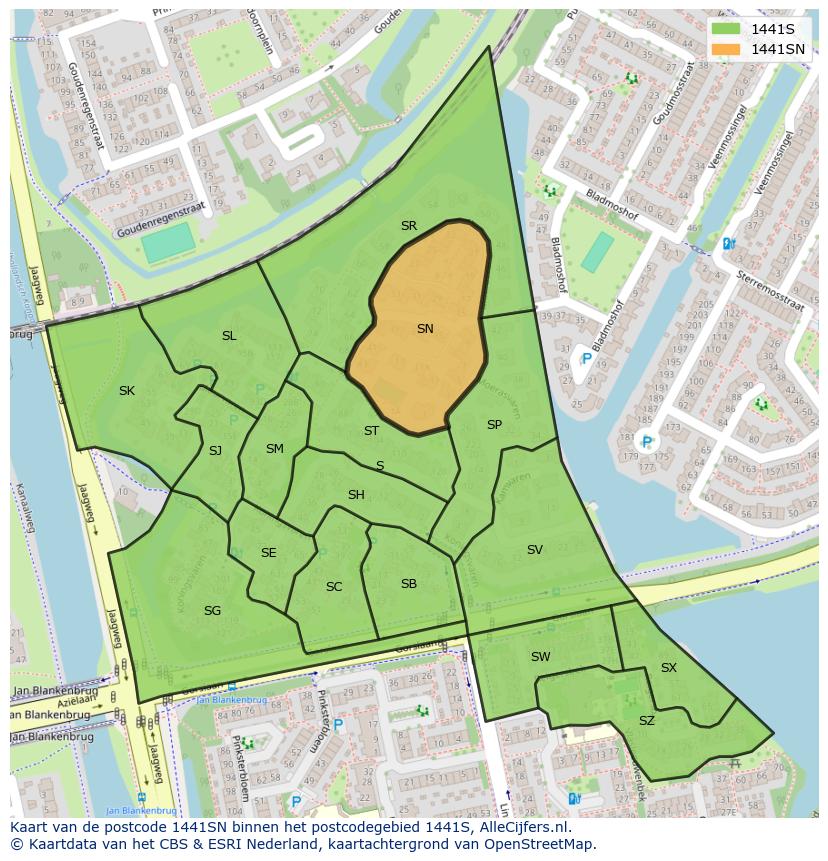 Afbeelding van het postcodegebied 1441 SN op de kaart.