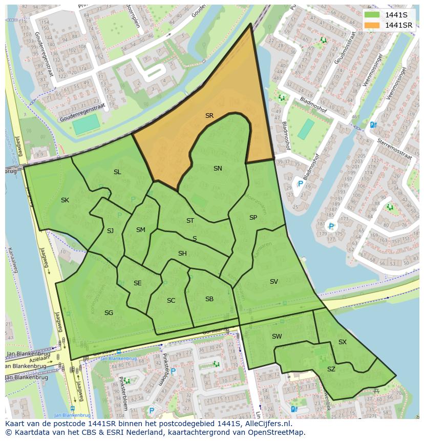 Afbeelding van het postcodegebied 1441 SR op de kaart.