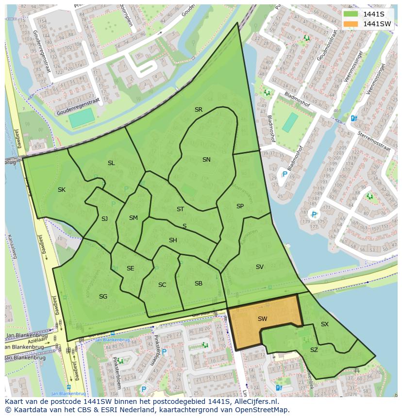 Afbeelding van het postcodegebied 1441 SW op de kaart.