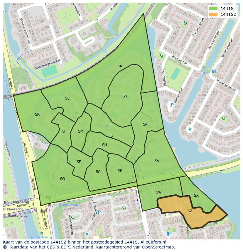 Afbeelding van het postcodegebied 1441 SZ op de kaart.