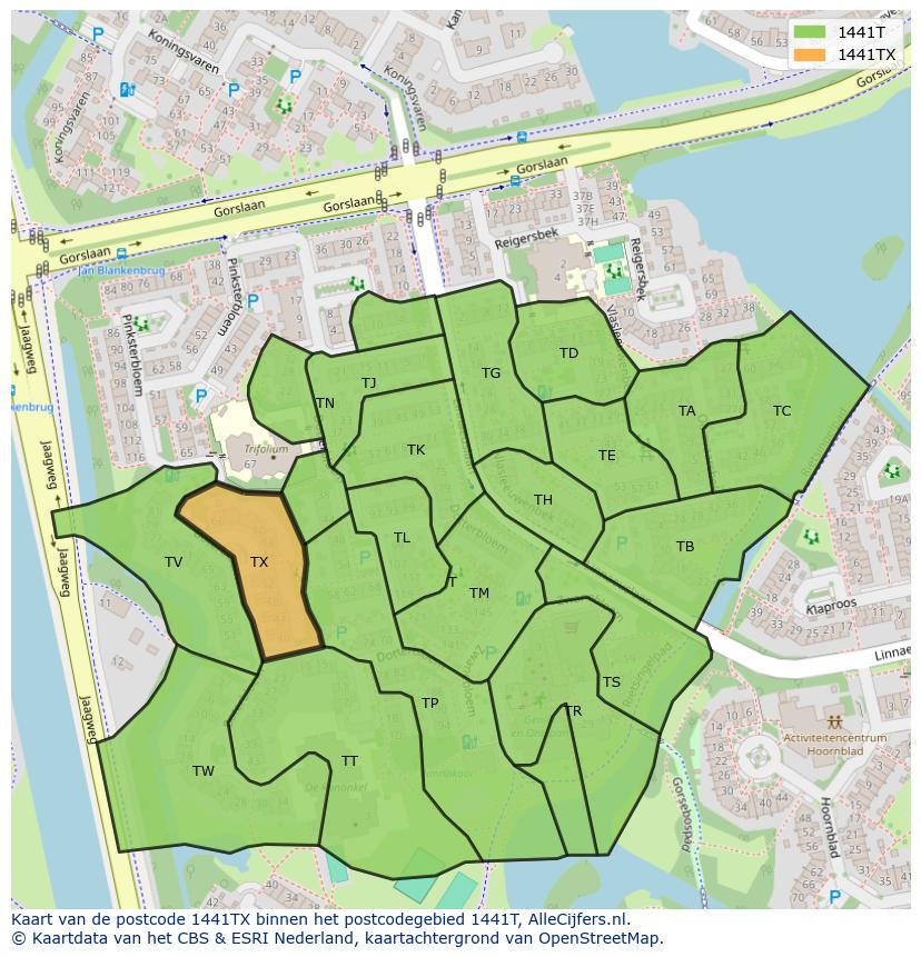 Afbeelding van het postcodegebied 1441 TX op de kaart.