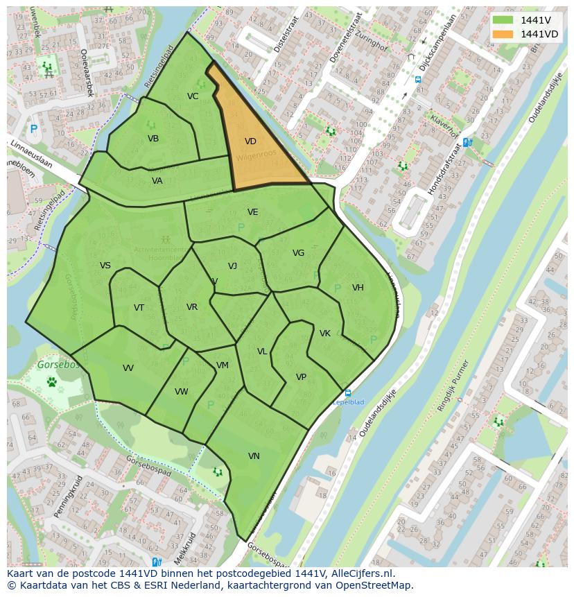 Afbeelding van het postcodegebied 1441 VD op de kaart.