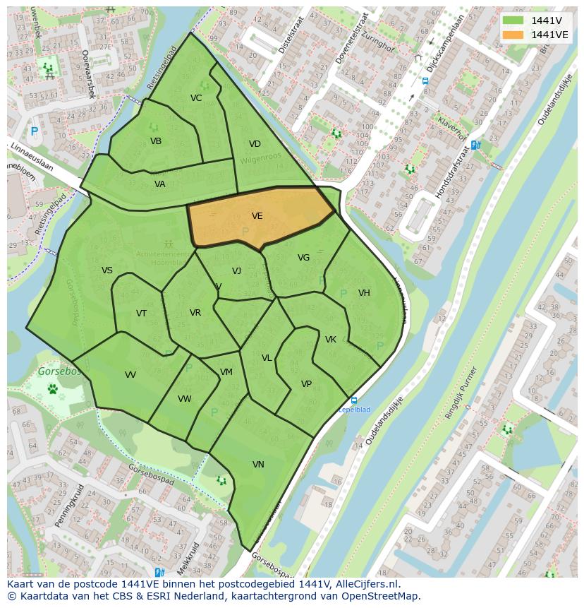 Afbeelding van het postcodegebied 1441 VE op de kaart.