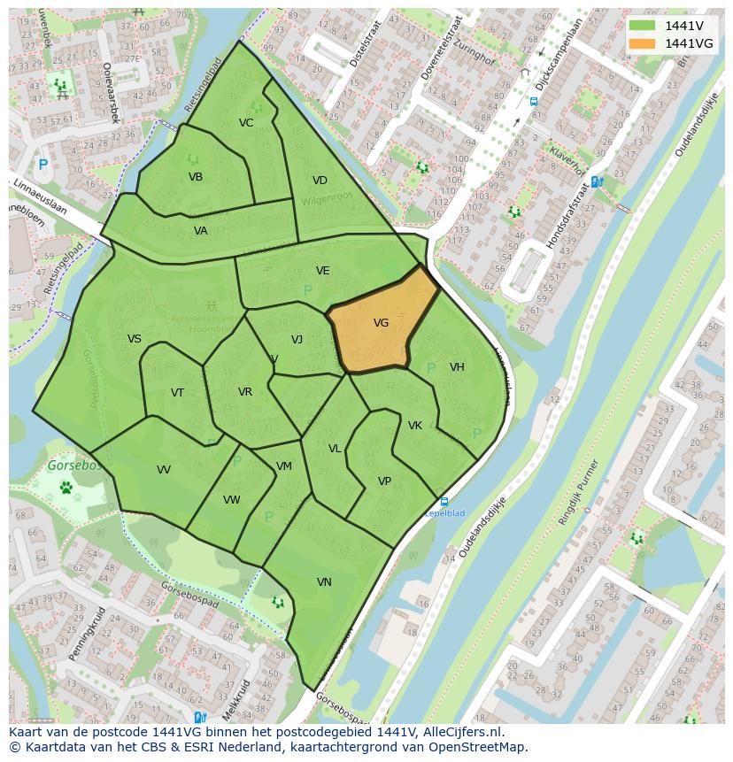 Afbeelding van het postcodegebied 1441 VG op de kaart.