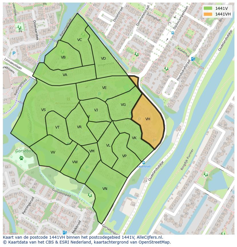 Afbeelding van het postcodegebied 1441 VH op de kaart.