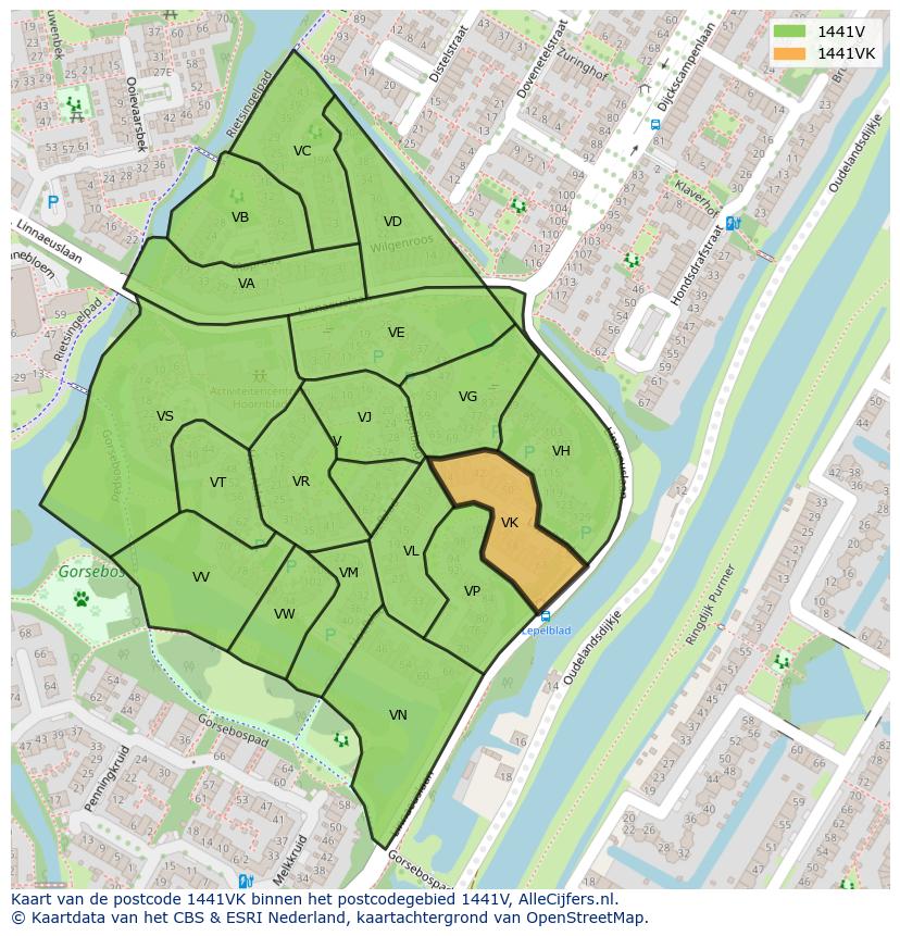 Afbeelding van het postcodegebied 1441 VK op de kaart.