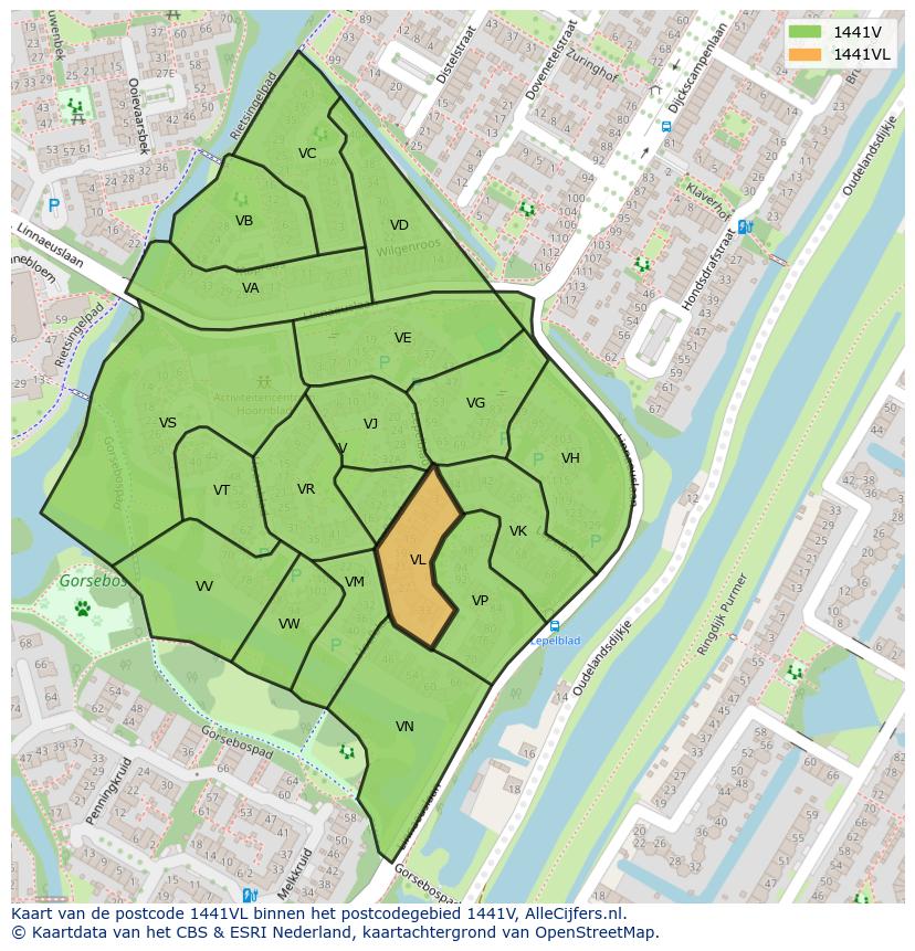 Afbeelding van het postcodegebied 1441 VL op de kaart.