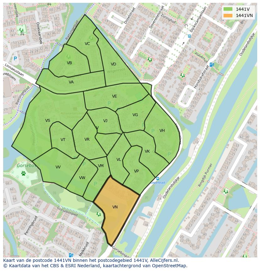 Afbeelding van het postcodegebied 1441 VN op de kaart.