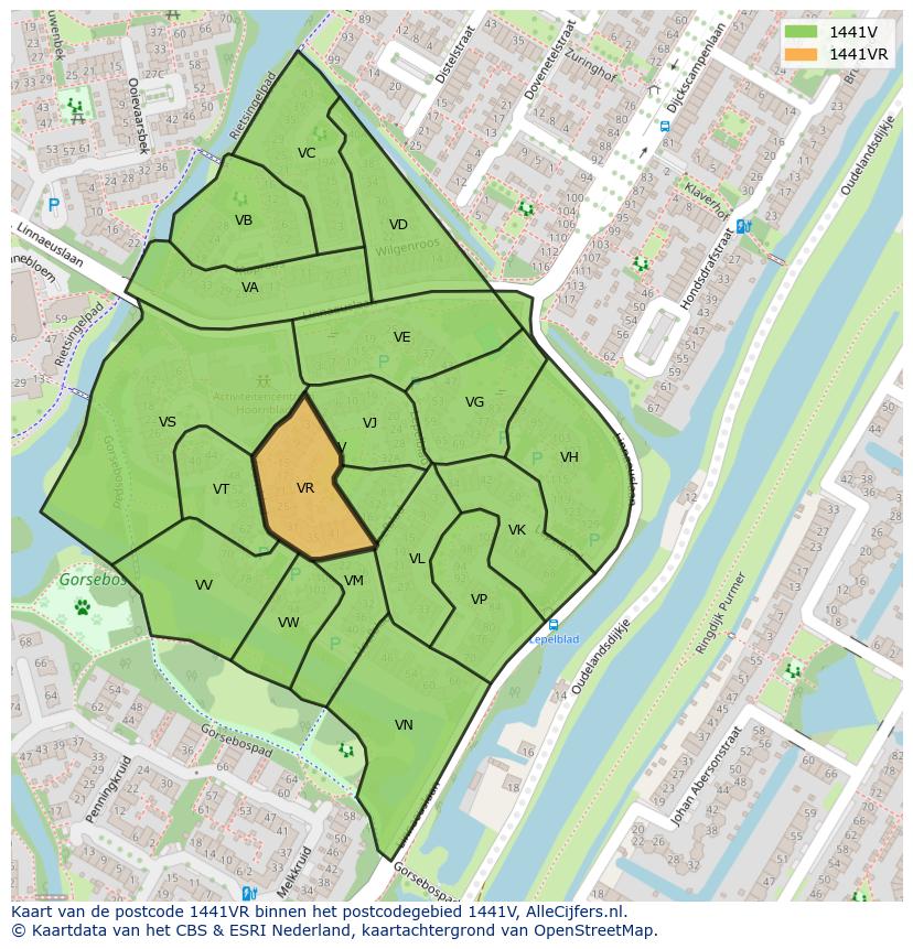 Afbeelding van het postcodegebied 1441 VR op de kaart.