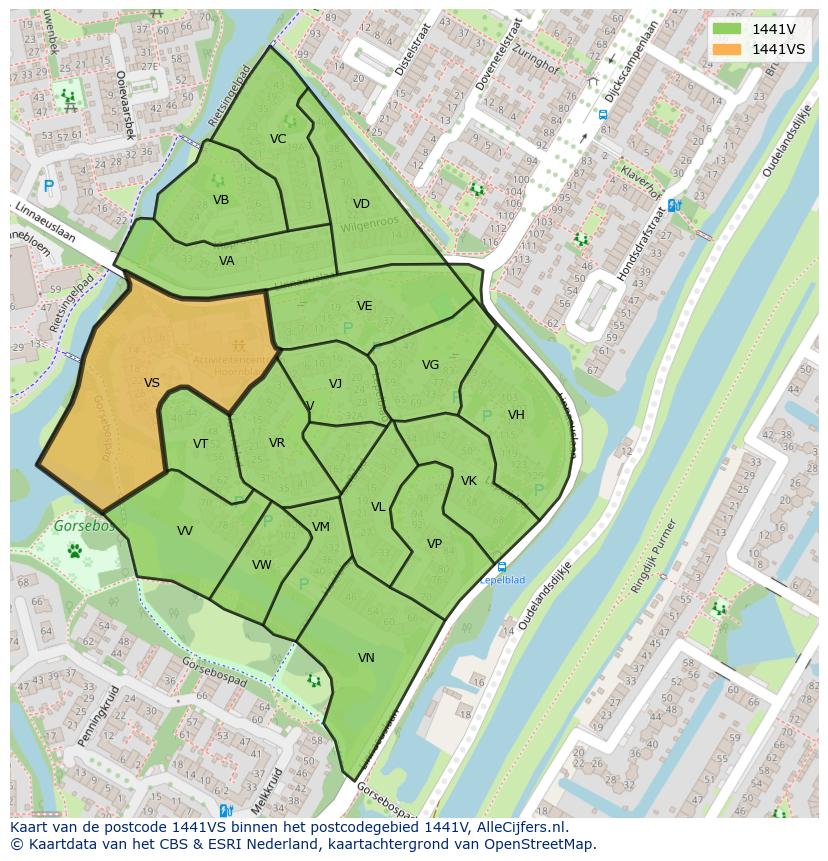 Afbeelding van het postcodegebied 1441 VS op de kaart.