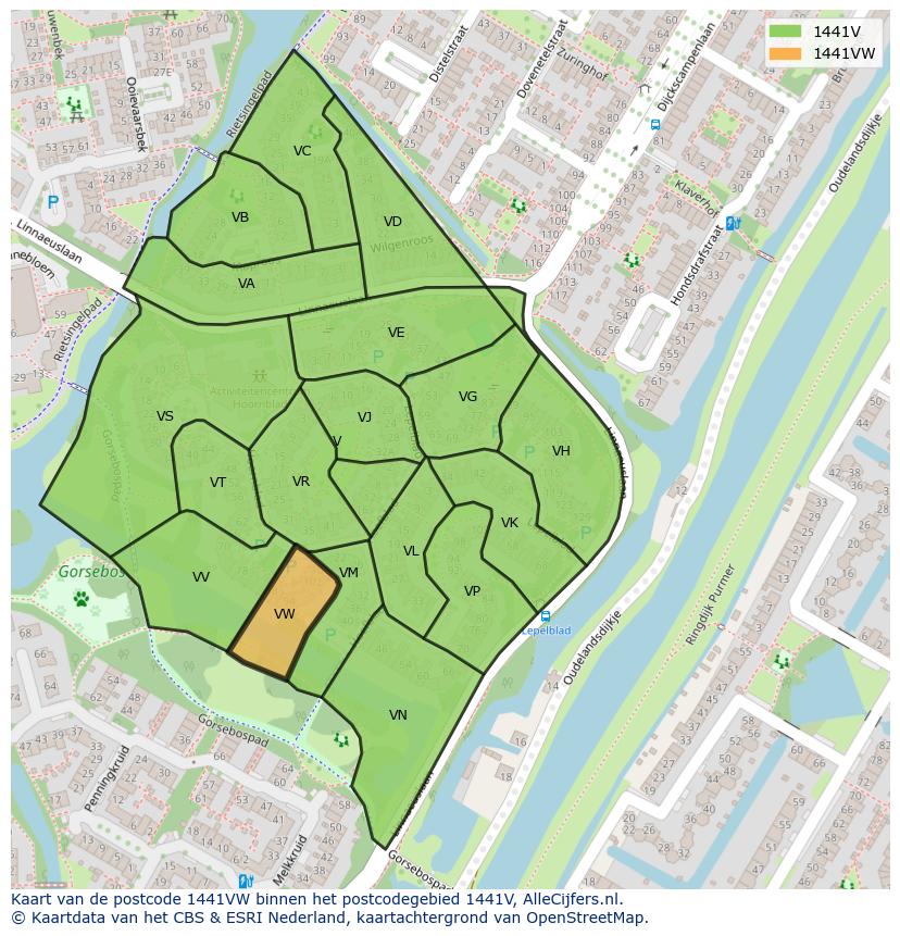 Afbeelding van het postcodegebied 1441 VW op de kaart.