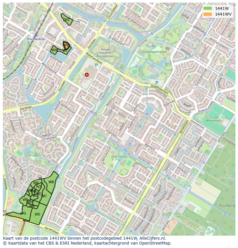 Afbeelding van het postcodegebied 1441 WV op de kaart.