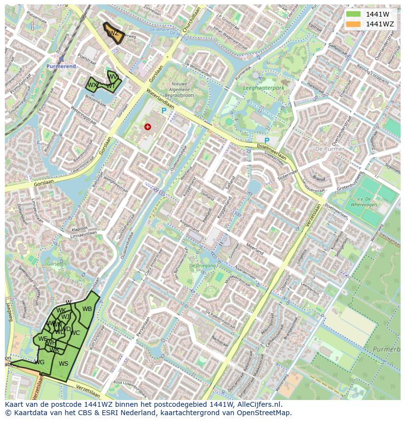Afbeelding van het postcodegebied 1441 WZ op de kaart.