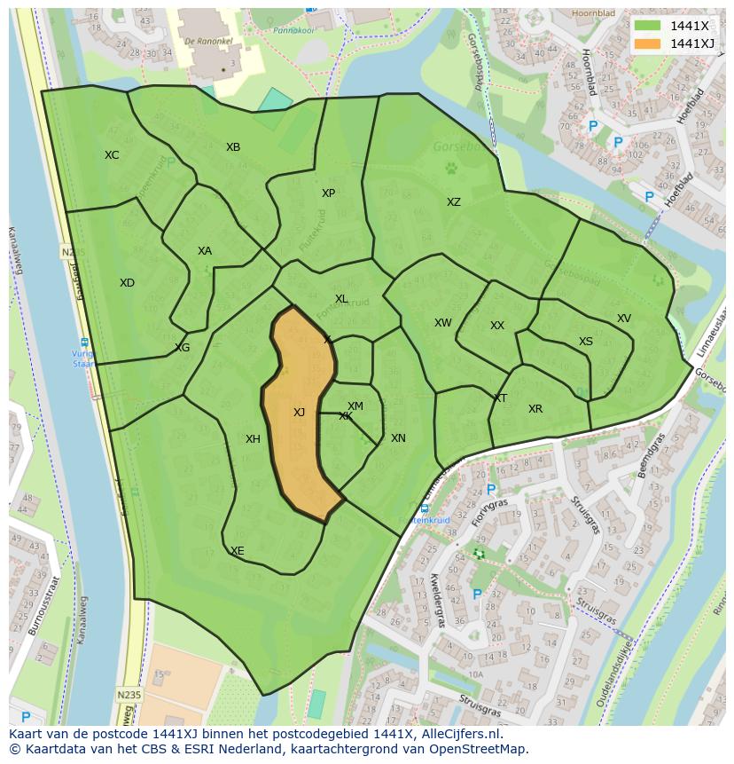 Afbeelding van het postcodegebied 1441 XJ op de kaart.