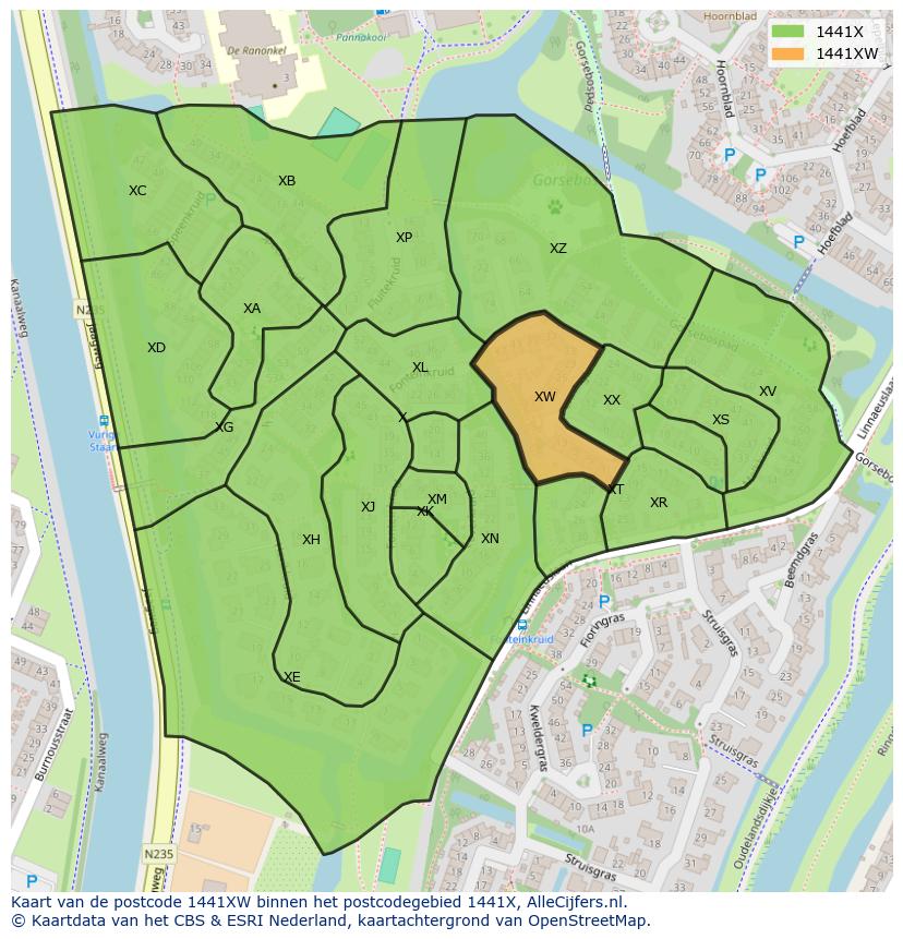 Afbeelding van het postcodegebied 1441 XW op de kaart.