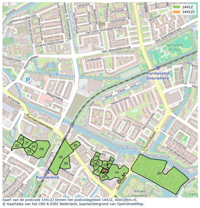 Afbeelding van het postcodegebied 1441 ZJ op de kaart.
