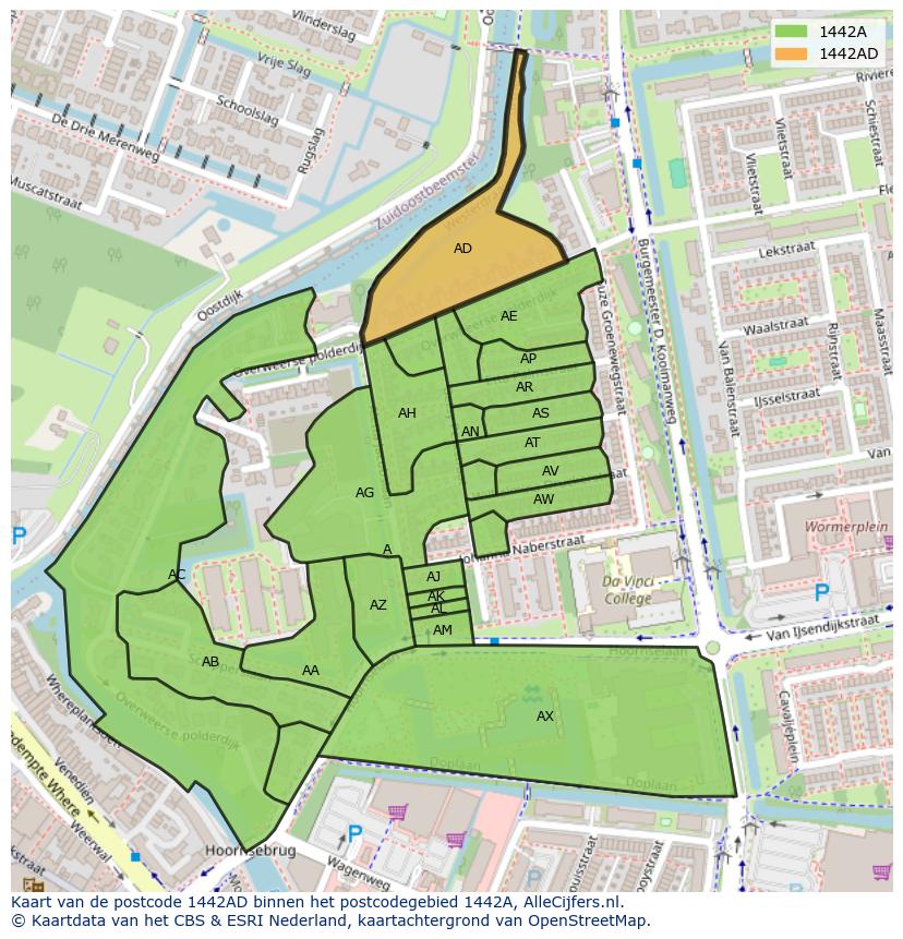 Afbeelding van het postcodegebied 1442 AD op de kaart.