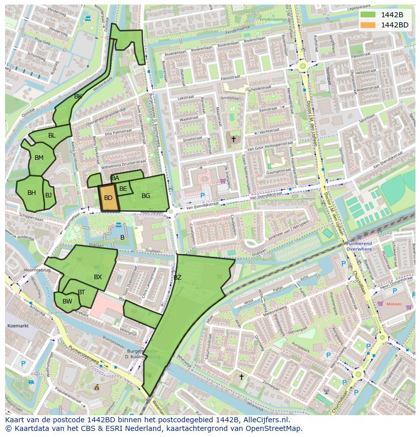 Afbeelding van het postcodegebied 1442 BD op de kaart.