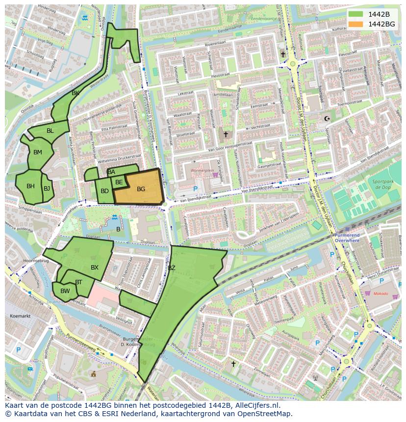 Afbeelding van het postcodegebied 1442 BG op de kaart.