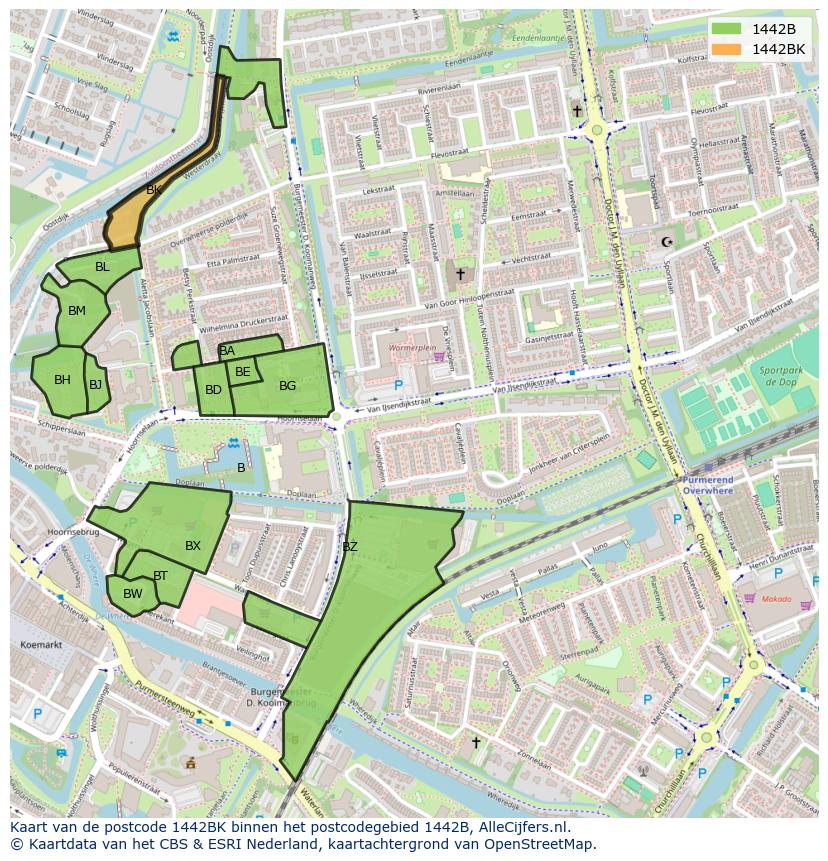 Afbeelding van het postcodegebied 1442 BK op de kaart.