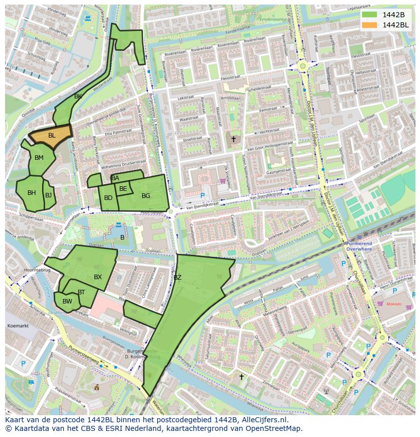 Afbeelding van het postcodegebied 1442 BL op de kaart.