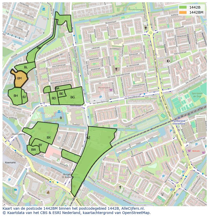 Afbeelding van het postcodegebied 1442 BM op de kaart.