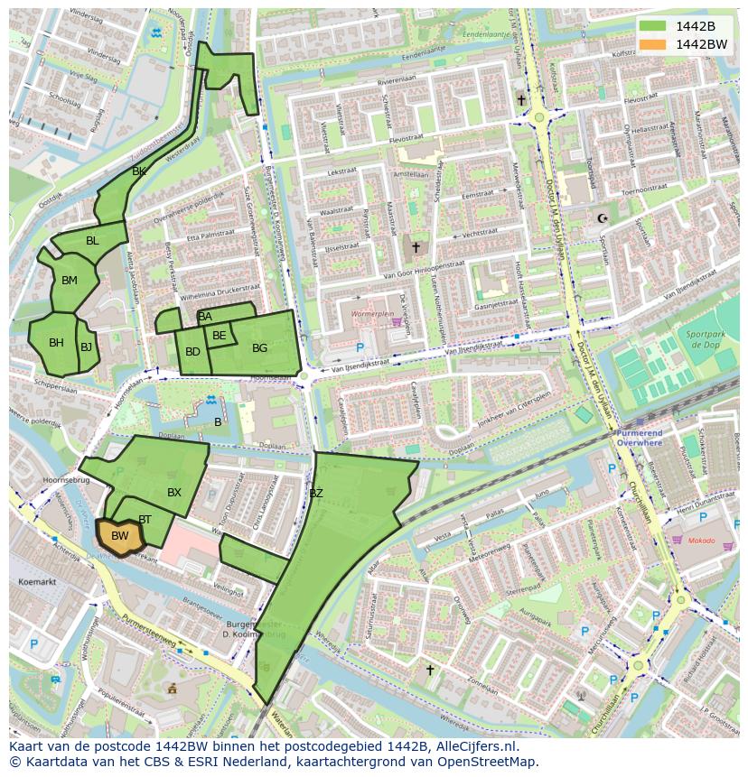 Afbeelding van het postcodegebied 1442 BW op de kaart.