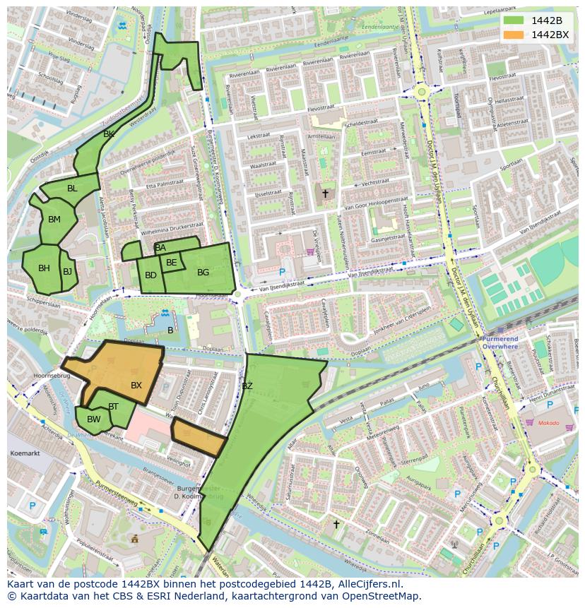Afbeelding van het postcodegebied 1442 BX op de kaart.