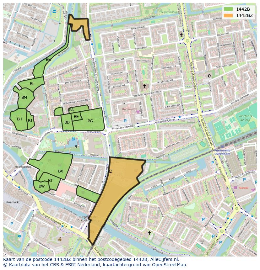 Afbeelding van het postcodegebied 1442 BZ op de kaart.