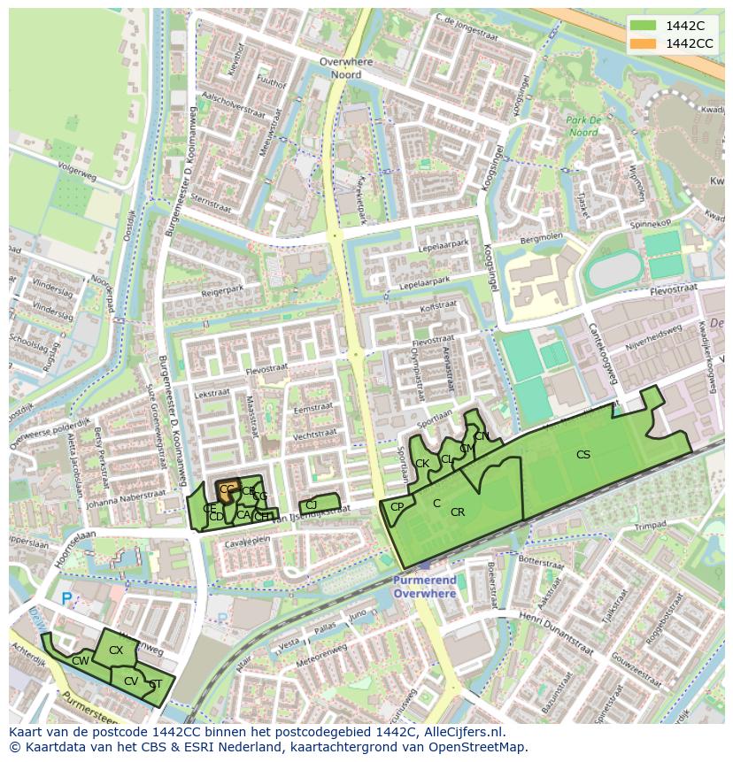 Afbeelding van het postcodegebied 1442 CC op de kaart.
