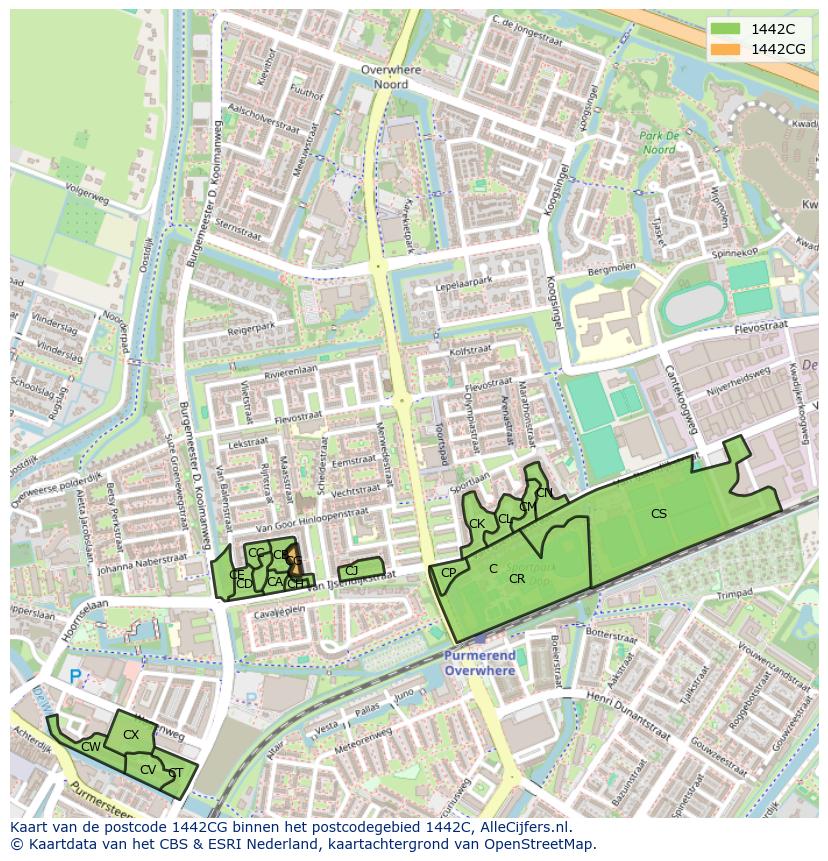 Afbeelding van het postcodegebied 1442 CG op de kaart.