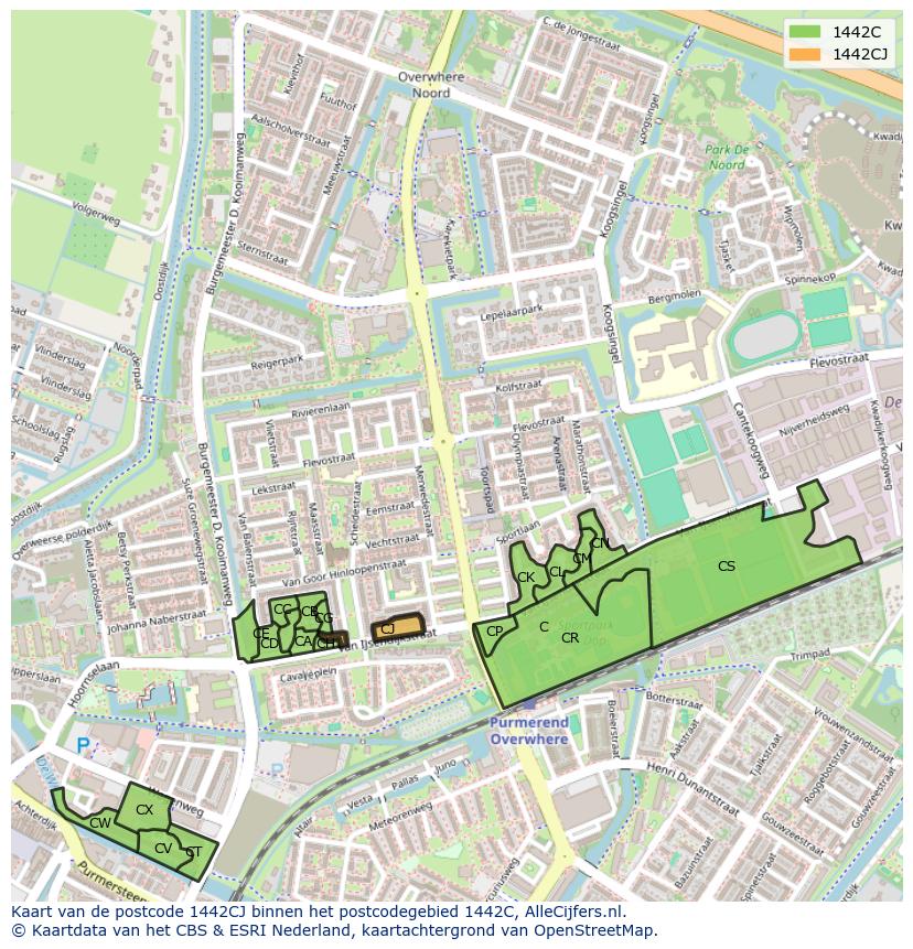 Afbeelding van het postcodegebied 1442 CJ op de kaart.