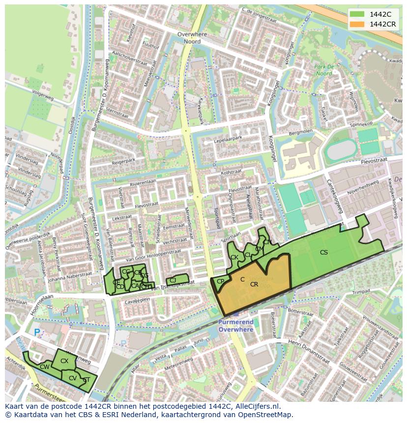 Afbeelding van het postcodegebied 1442 CR op de kaart.