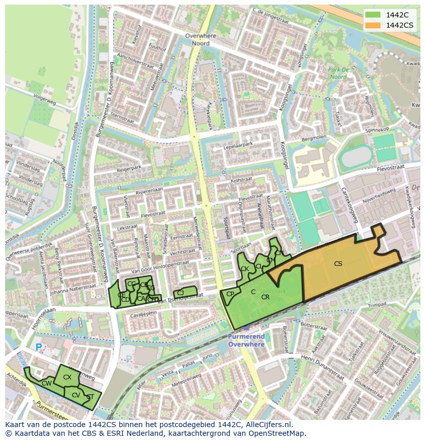 Afbeelding van het postcodegebied 1442 CS op de kaart.
