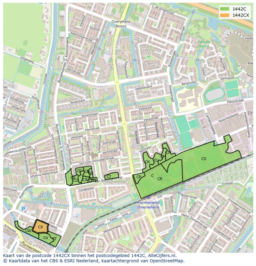 Afbeelding van het postcodegebied 1442 CX op de kaart.