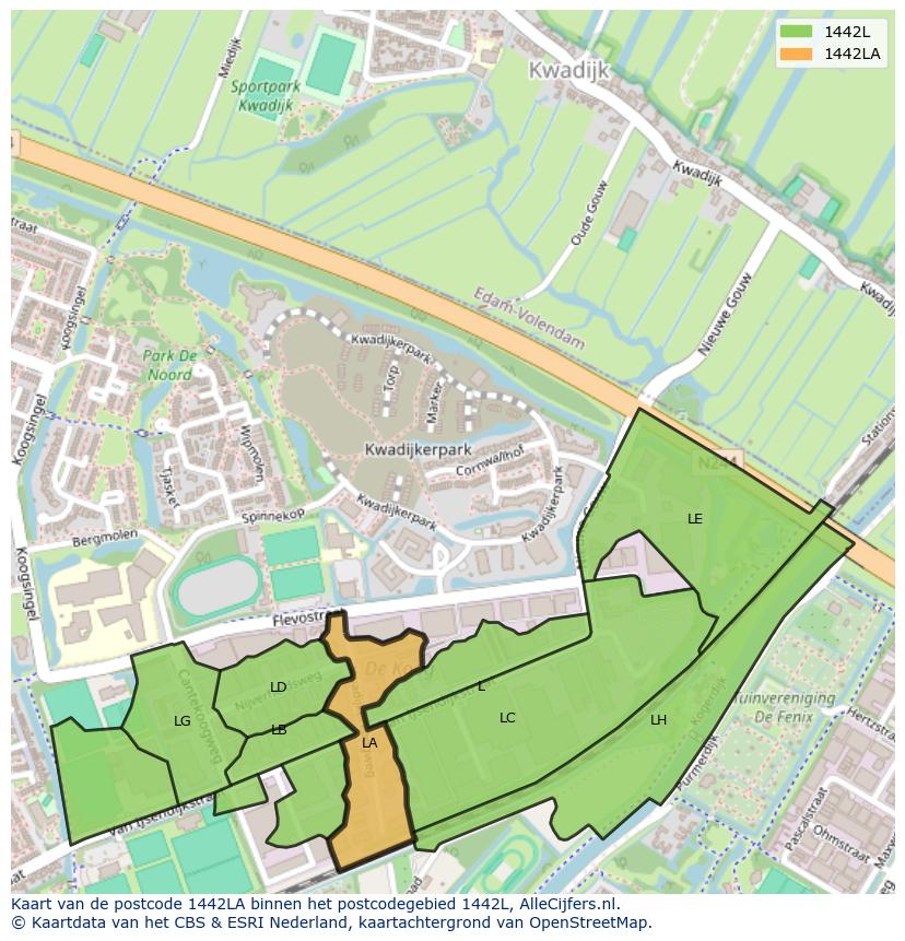 Afbeelding van het postcodegebied 1442 LA op de kaart.