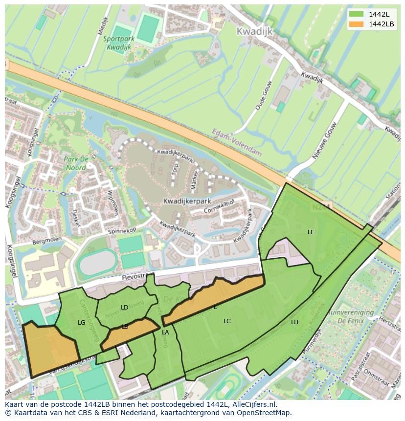 Afbeelding van het postcodegebied 1442 LB op de kaart.