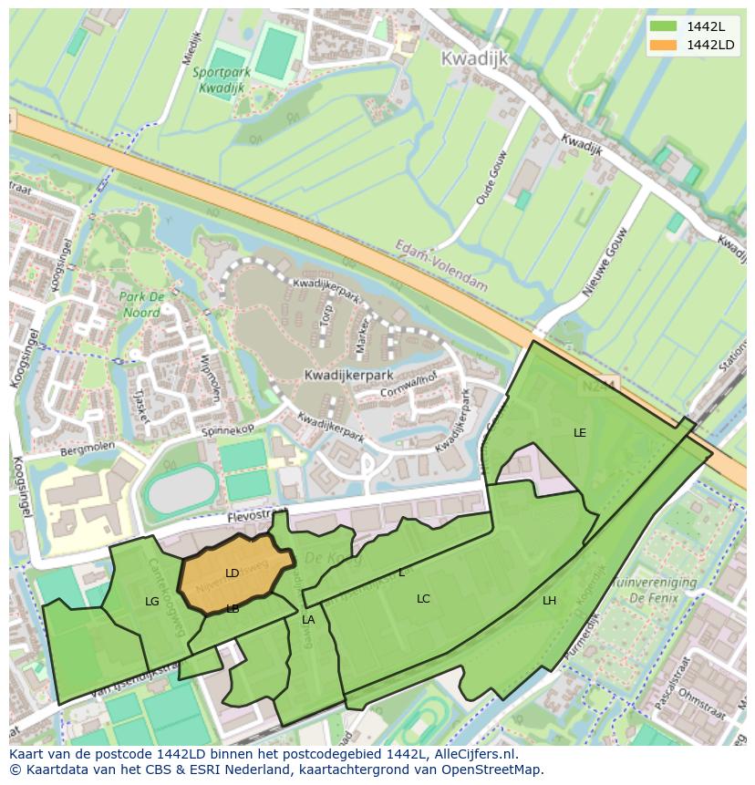 Afbeelding van het postcodegebied 1442 LD op de kaart.