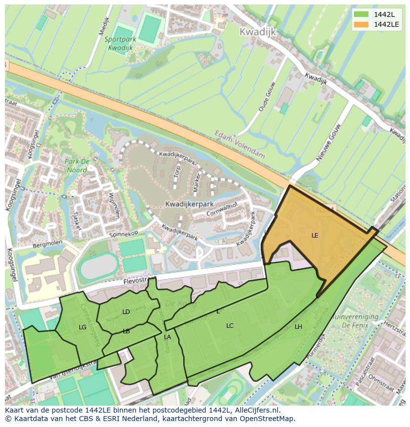 Afbeelding van het postcodegebied 1442 LE op de kaart.