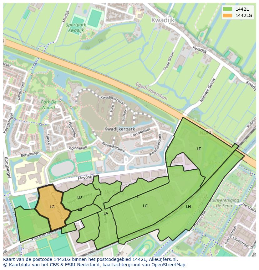 Afbeelding van het postcodegebied 1442 LG op de kaart.