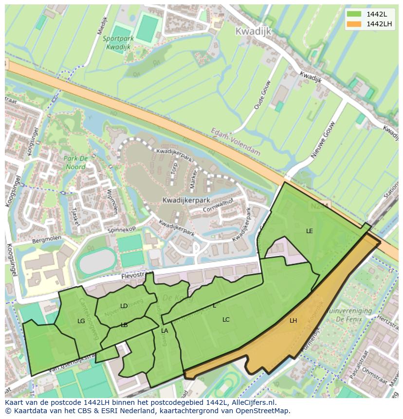 Afbeelding van het postcodegebied 1442 LH op de kaart.